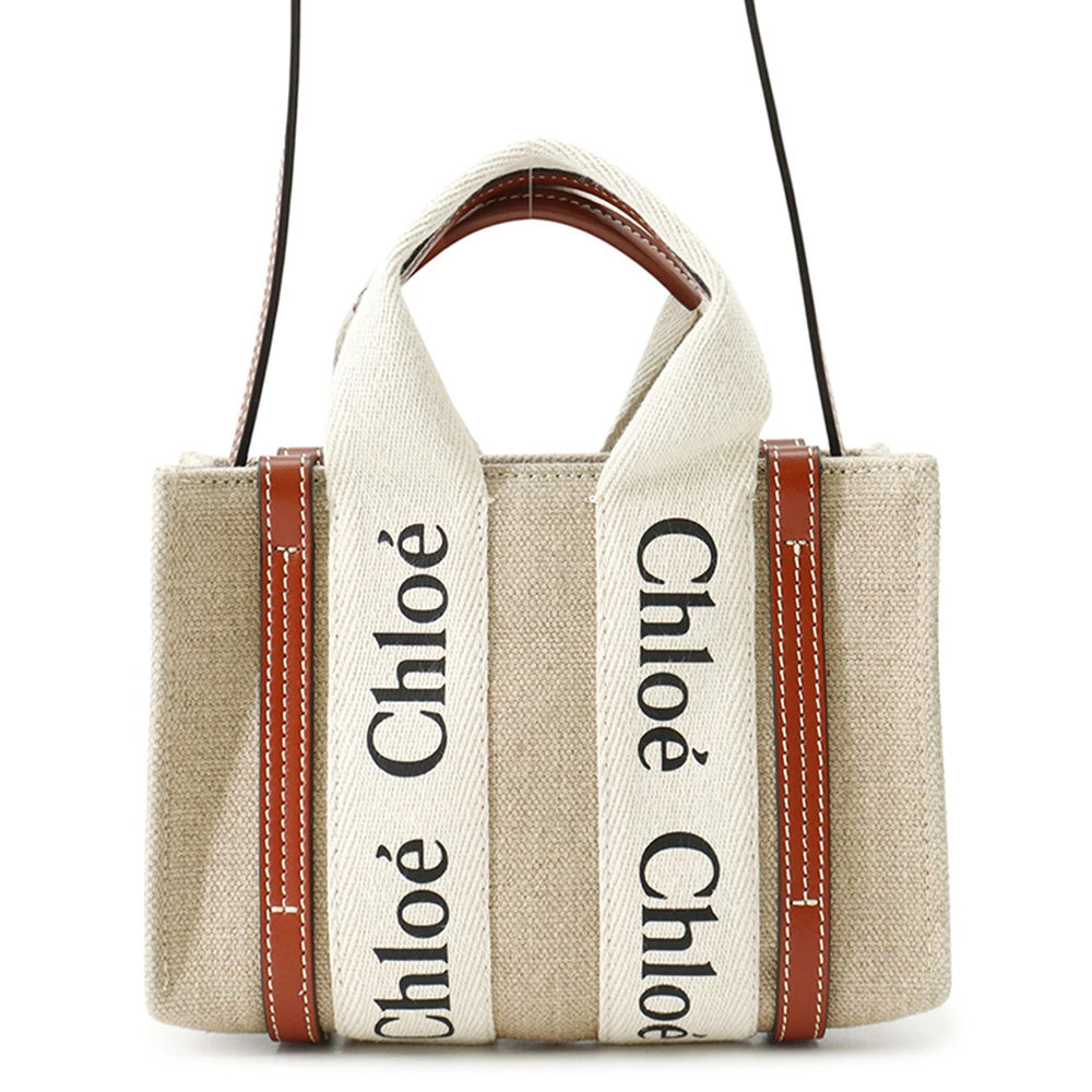 Chloe Woody Tote Handbag Canvas Calf Leather Bag